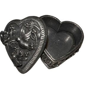 Vintage Torino Pewter Trinket Box - Heart - Heart is Brooch & Birds are Earrings